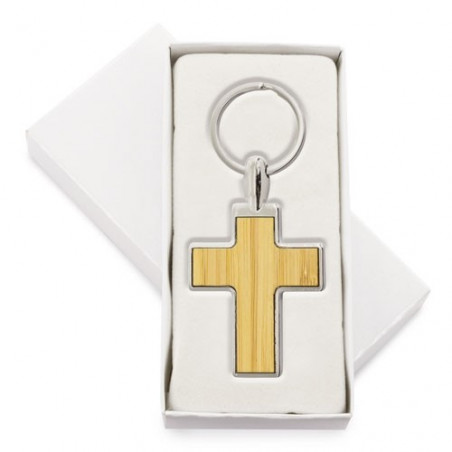 Llavero en forma de cruz metal con bambú en cajita personalizada con adhesivo de bautizo para detalle