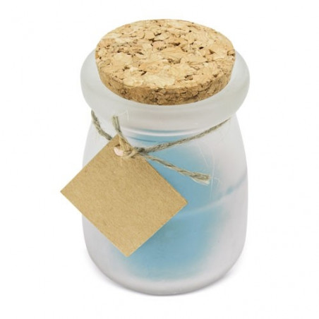 Vela aromática azul con tapa de corcho y tarjeta personalizada para Comunión de niña