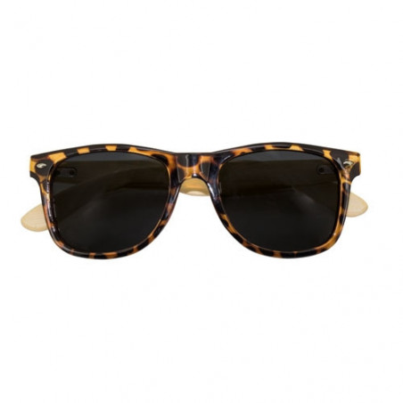 Gafas de sol carey y bambú en funda de tela personalizada y tarjeta recordatorio para Bodas