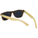 Gafas de sol carey y bambú en funda de tela personalizada y tarjeta recordatorio para Bodas