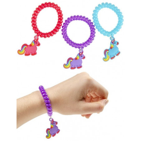 Pulsera de unicornio y pompero en bolsa de organza morada con etiqueta de unicornio para invitados