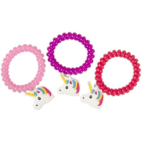 Pulsera de unicornio y pompero en bolsa de organza morada con etiqueta de unicornio para invitados