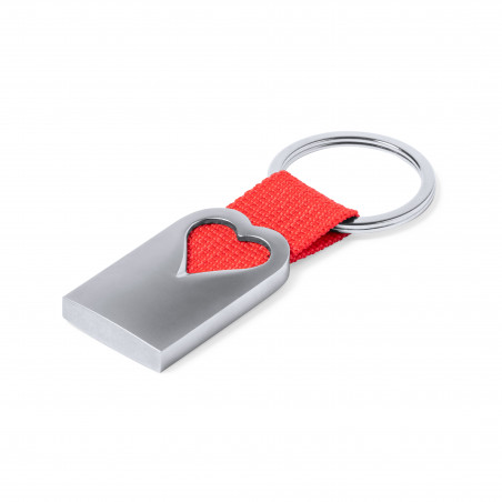 Llavero de aluminio troquelado de corazón y cinta roja en estuche de presentación con adhesivo romántico