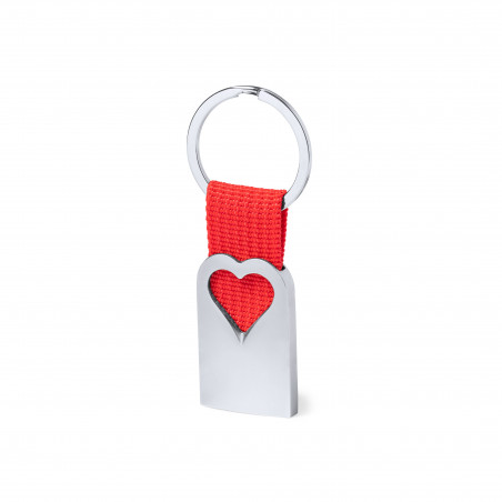 Llavero de aluminio troquelado de corazón y cinta roja en estuche de presentación con adhesivo romántico