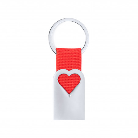 Llavero de aluminio troquelado de corazón y cinta roja en estuche de presentación con adhesivo romántico