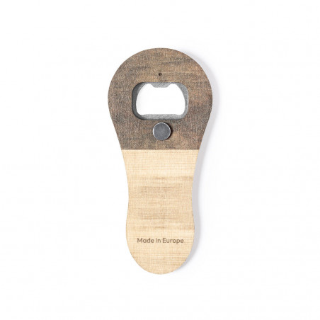 Abridor de botellas de madera con adhesivo y bolsa para boda