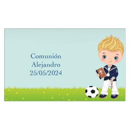 Bombones de chocolate en estuche personalizado con adhesivo de niño de comunión