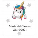 Pulsera con poni y pegatinas y pompero en bolsa morada de organza con adhesivo personalizado para detalle infantil eventos
