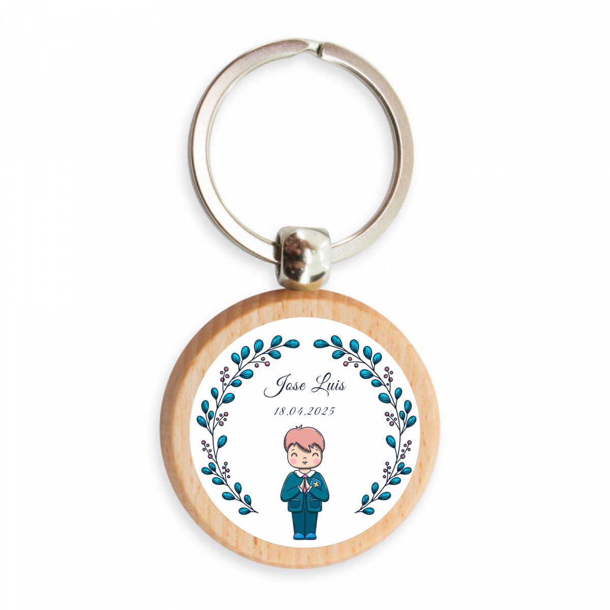 Llavero de bambú con tierno adhesivo de niño personalizable para detalles de primera comunión