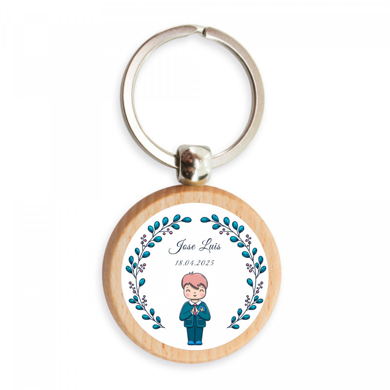 Llavero de bambú con tierno adhesivo de niño personalizable para detalles de primera comunión