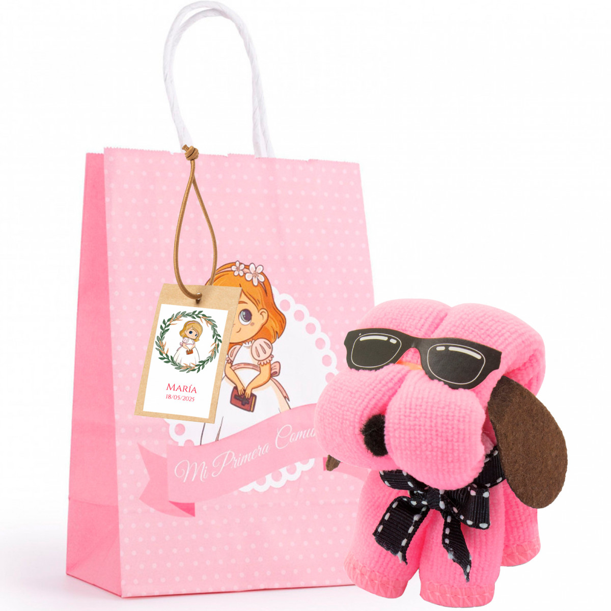 Toalla perrito rosa en bolsa primera comunión con etiqueta colgante personalizable para regalar
