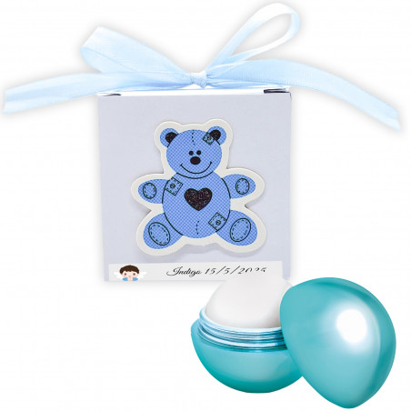 Bálsamo labial azul en caja con oso en relieve personalizado para detalles de bautizo