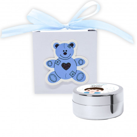 Brillo de labios hidratante en caja con lazo y oso azul para bautizos con adhesivo personalizado