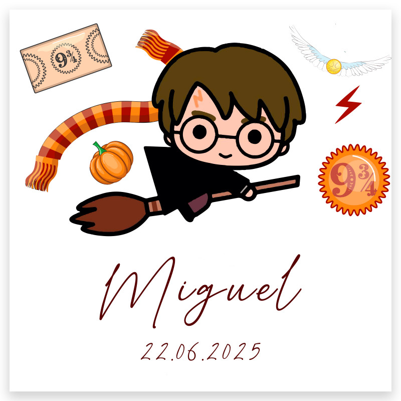 Adhesivo cuadrado 5x5cm inspirado en harry potter personalizado con nombre y fecha