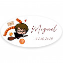 Adhesivo ovalado inspirado en harry potter con texto personalizable