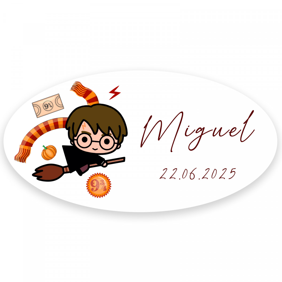 Adhesivo ovalado inspirado en harry potter con texto personalizable