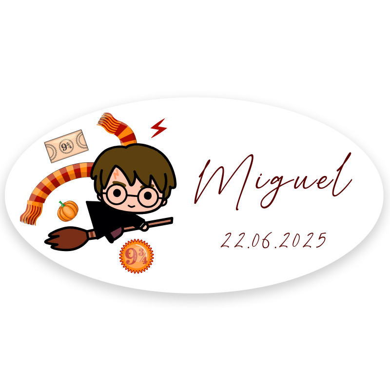 Adhesivo ovalado inspirado en harry potter con texto personalizable