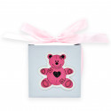 Peladillas de colores pastel en caja con oso rosa y adhesivo personalizado para bautizo niña