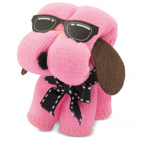 Toalla perrito rosa en bolsa primera comunión con etiqueta colgante personalizable para regalar