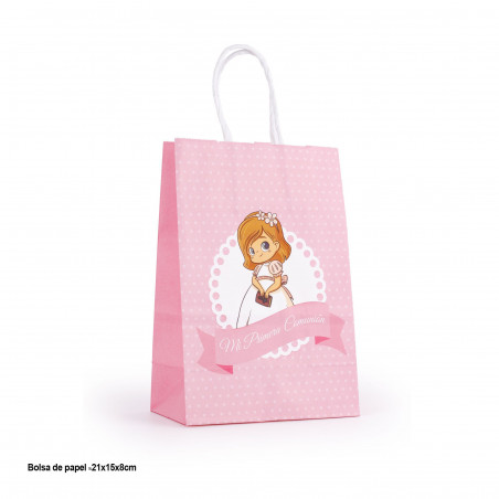 Toalla perrito rosa en bolsa primera comunión con etiqueta colgante personalizable para regalar