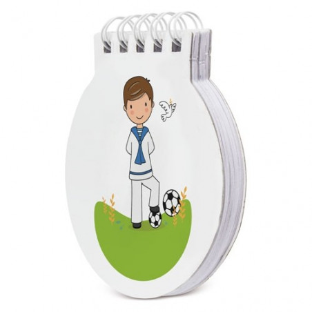 Libreta con lápiz de fútbol presentado en bolsa verde personliazado con adhesivo comunión