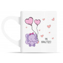 Taza con motivo de elefante rosa y etiqueta personalizada para bautizo bebé