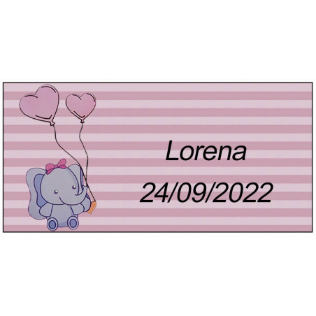 Taza con motivo de elefante rosa y etiqueta personalizada para bautizo bebé