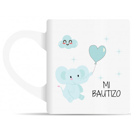 Taza de cerámica con motivo de elefante celeste y etiqueta personalizada para bautizo bebé