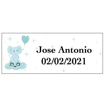 Taza de cerámica con motivo de elefante celeste y etiqueta personalizada para bautizo bebé