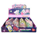 Juego de habilidad con agua diseño de monstruos y mosquetón en bolsa rosa y adhesivo de cumpleaños personalizado