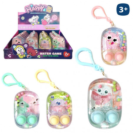 Juego de habilidad con agua diseño de monstruos y mosquetón en bolsa rosa y adhesivo de cumpleaños personalizado