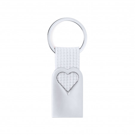 Llavero de aluminio troquel corazón cinta blanca con tarjeta personalizada de bodas