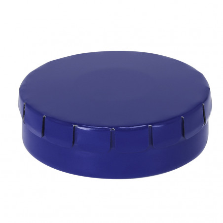 Caramelos de menta sin azúcar en lata azul personalizada con adhesivo de boda