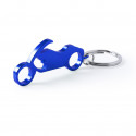 Llavero abridor en forma de moto azul en bolsa con adhesivo personalizado de boda