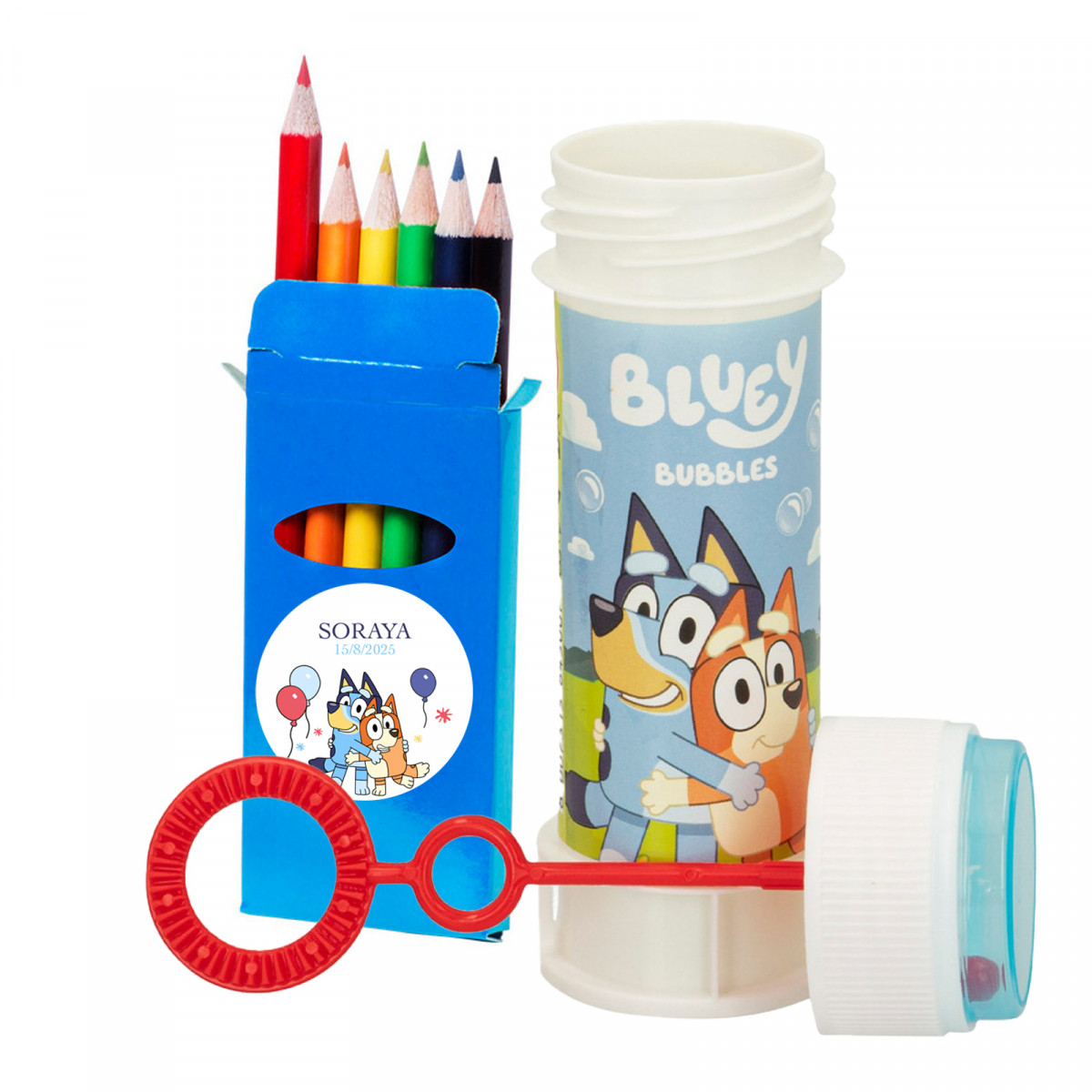 Pompero y caja de lápices personalizado de bluey para cumpleaños y eventos