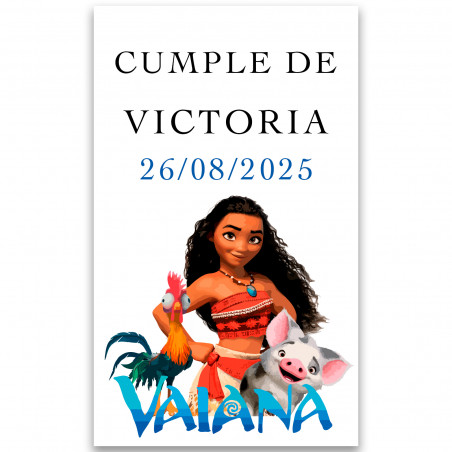 Adhesivo personalizado vaiana con hei hei y pua ideal para fiestas infantiles 3x5cm
