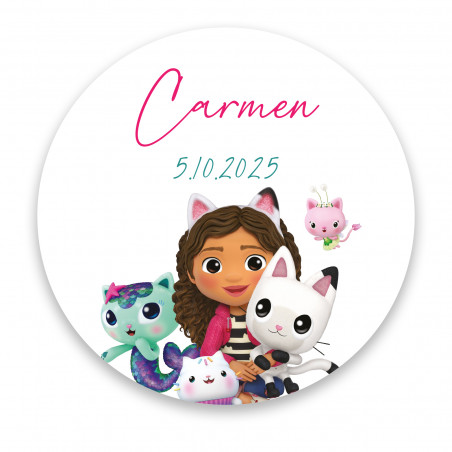 Adhesivo redondo personalizable de 3cm diseño inspirado en gabby y sus gatos