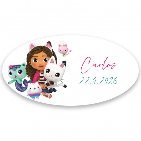 Adhesivo gabby gato ovalado fondo blanco personalizable 4x2cm