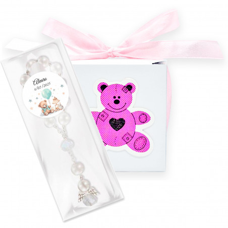 Rosario ángel de la guarda en caja con oso rosa y adhesivo personalizable