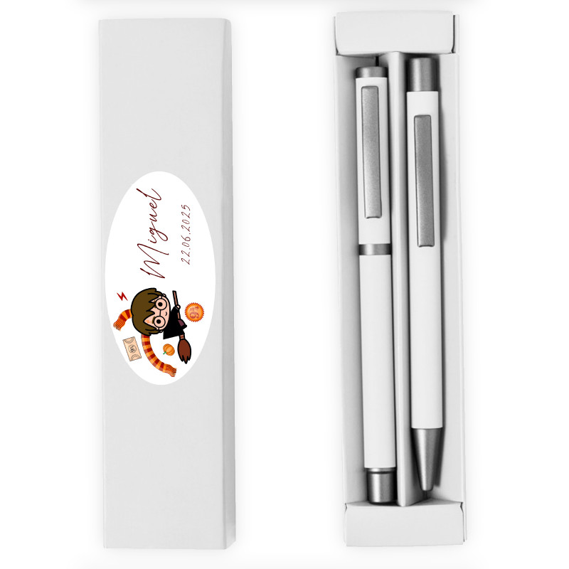 Set de bolígrafo y lápiz en estuche blanco con adhesivo personalizado de harry potter
