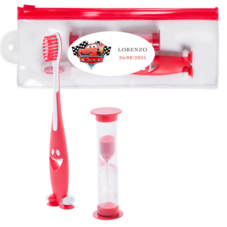 Cepillo de dientes para niños con reloj de arena en estuche y adhesivo pesonalizable de cars