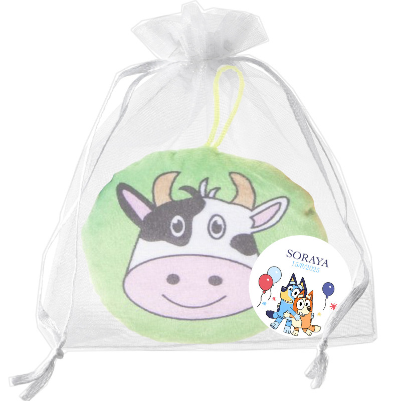 Cojín peluche animales de granja en bolsa de organza detalle personalizado para eventos infantiles