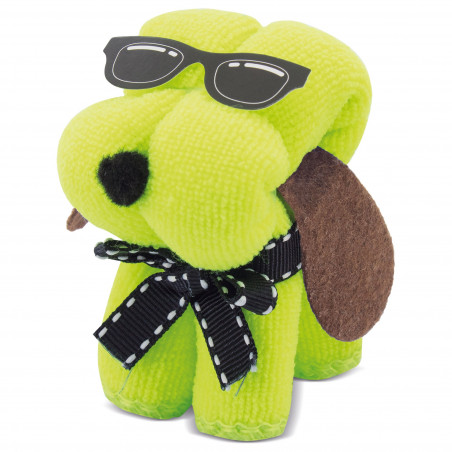 Toalla en forma de perrito con gafas detalle original para eventos