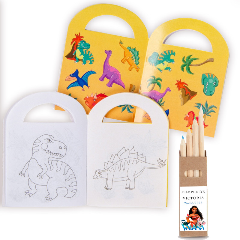 Set de pintura y pegatinas dinosaurios detalle personalizado colección vaiana