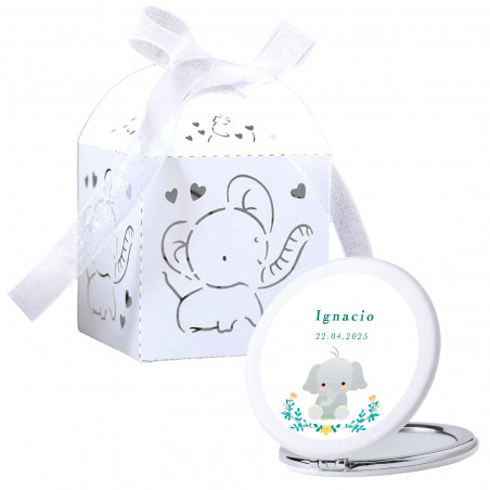 Espejo personalizado con cajita de elefante ideal para detalles de bautizo baby shower o nacimiento