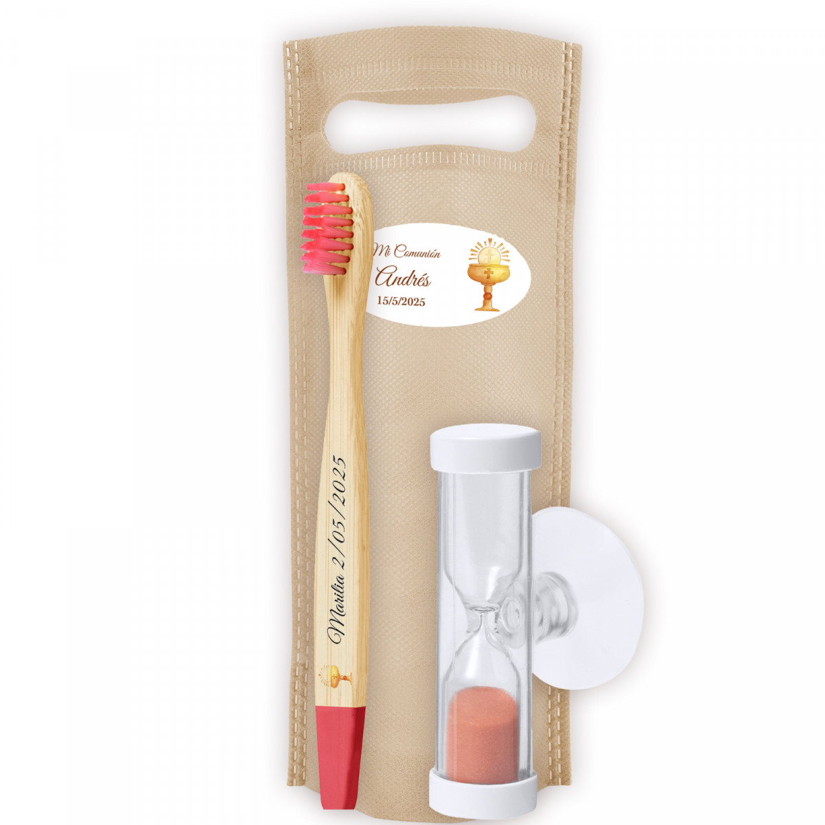 Set de cepillo de dientes de bambú con reloj de arena y bolsa personalizada detalle para comunión