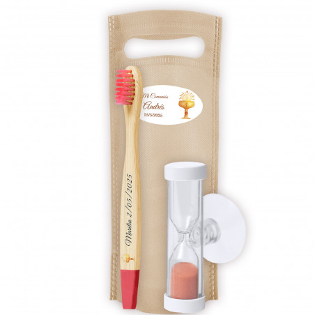 Set de cepillo de dientes de bambú con reloj de arena y bolsa personalizada detalle para comunión
