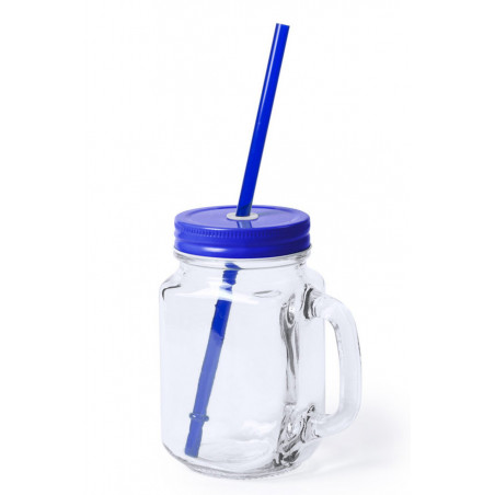 Jarra de cristal personalizada con tapa azul y pajita para comunión