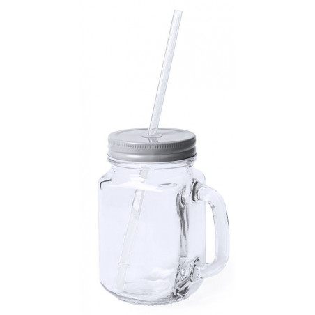 Jarra de cristal con asa pajita y adhesivo personalizado recuerdo de primera comunión