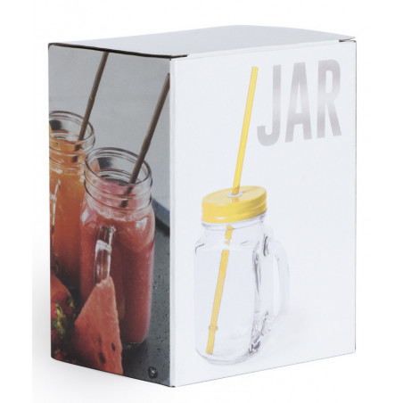 Jarra de cristal con asa pajita y adhesivo personalizado recuerdo de primera comunión